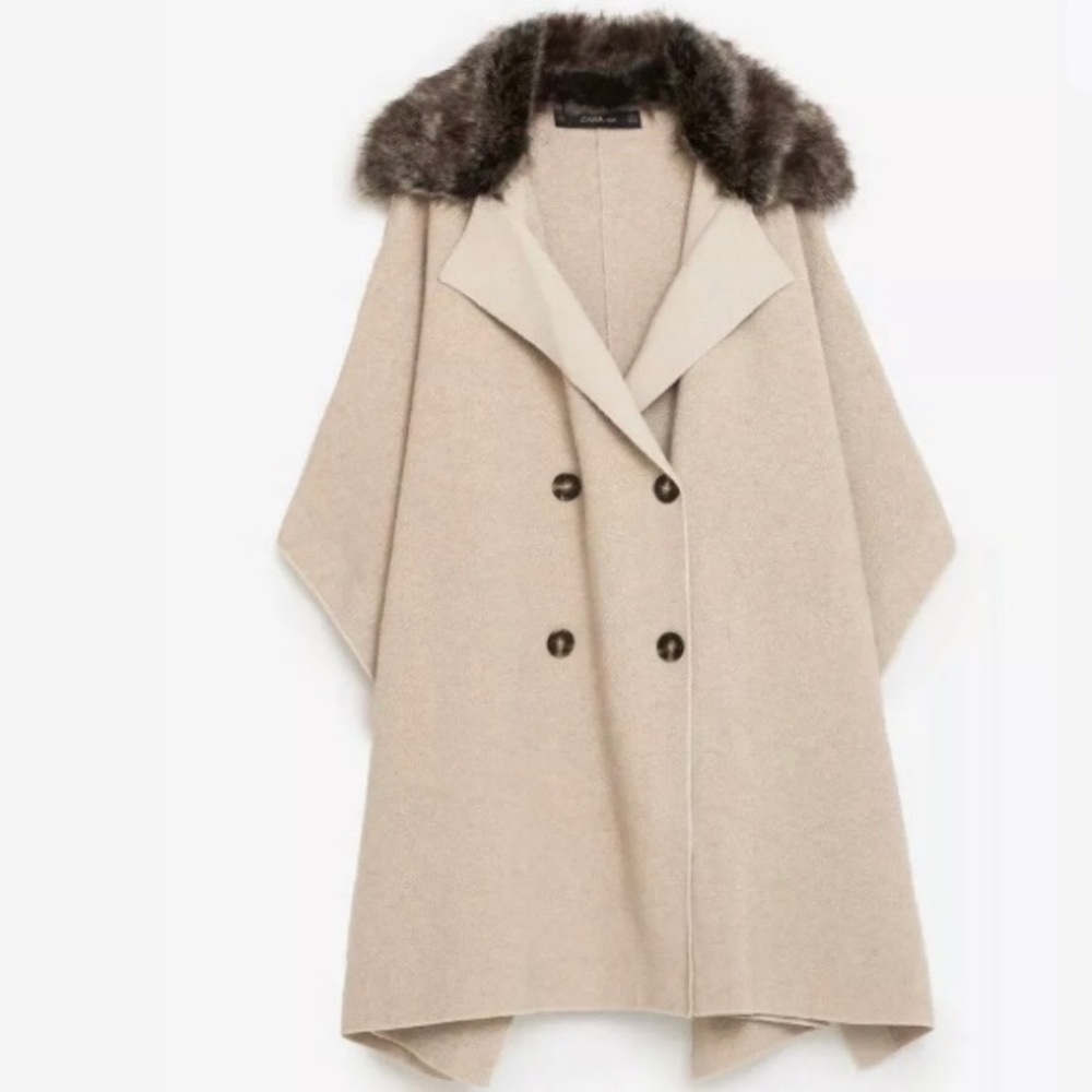ZARA KNIT Poncho Faux Fur Collar NWOT